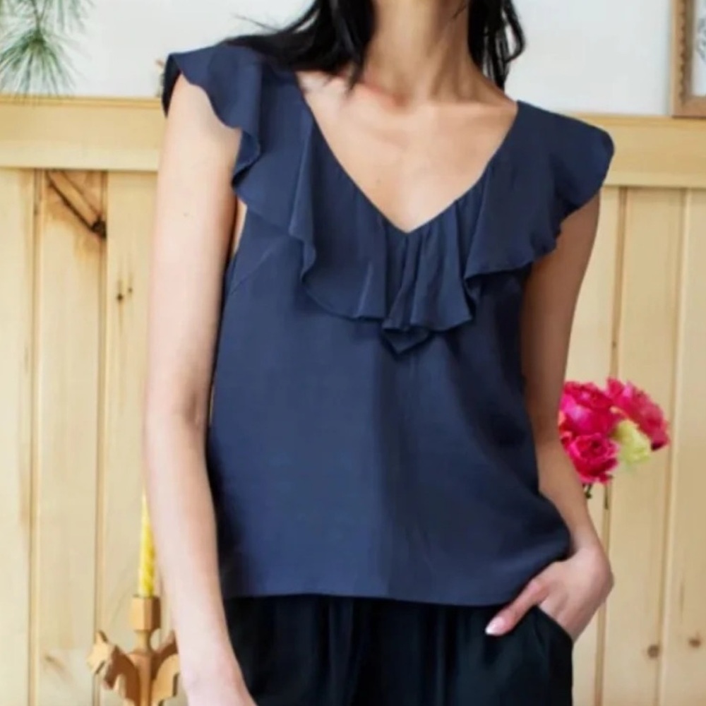 Emerson Fry Ruffled Sleeveless Tank Top Navy Blue Size XS